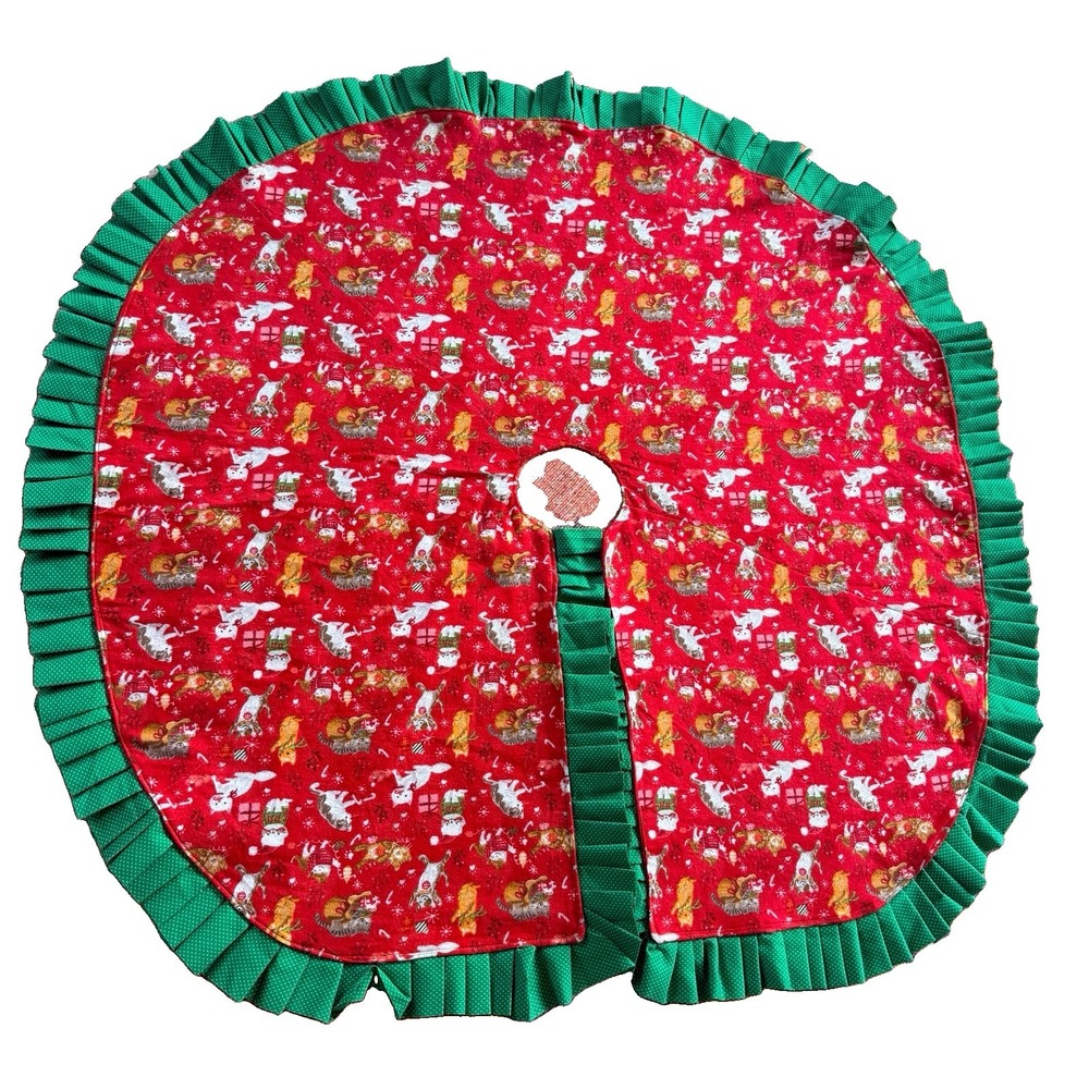 Handmade CATS KITTENS Christmas Tree Skirt 40" Across Ruffle Red Cat lady